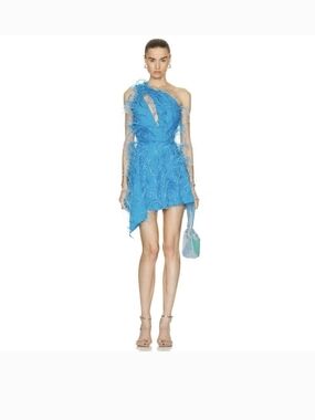 Rare Cult Gaia Bright Blue Ostrich Feathered One-Shoulder Mini Dress